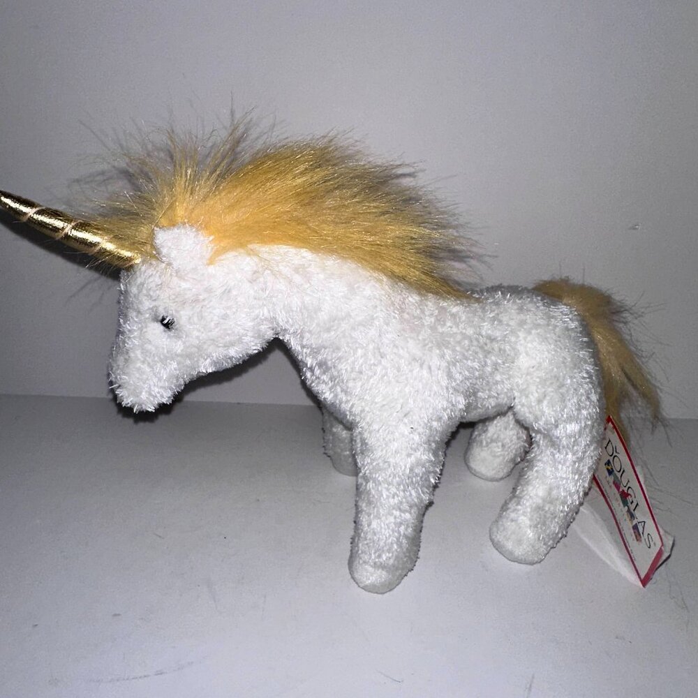 Douglas Cuddle Toys White Plush Unicorn Gold Horn & Mane 8” x 11" 2010 NEW NWT!